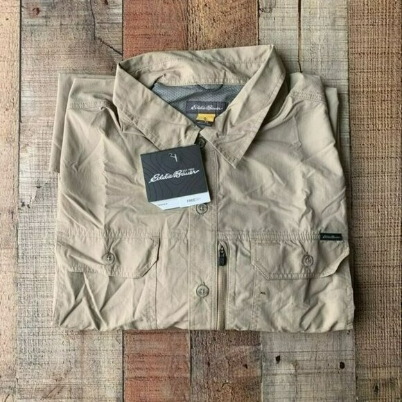 Eddie Bauer men's ripstop guide long sleeve exploration khaki button down shirt - Picture 8 of 9